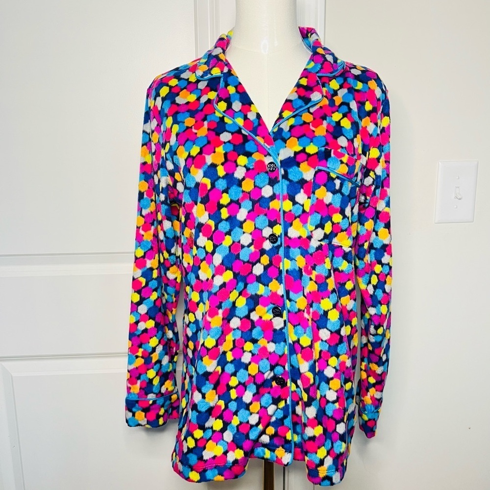 DKNY Multicolor Polka Dot Fleece Button Down Pajama shirt Sz S